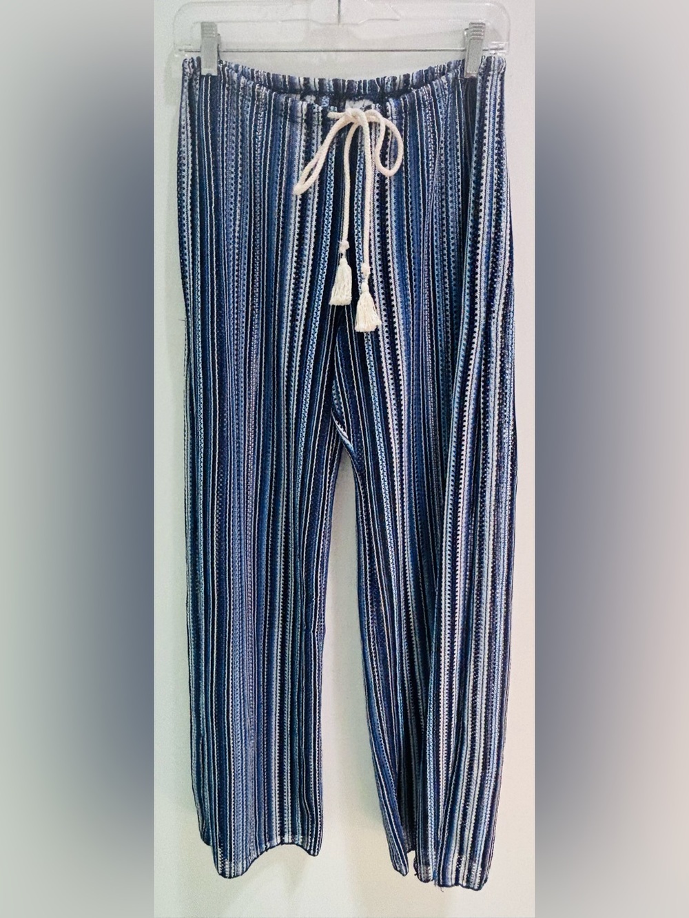 BECCA Blue & White Stripe crochet beach Pants with Drawstring
